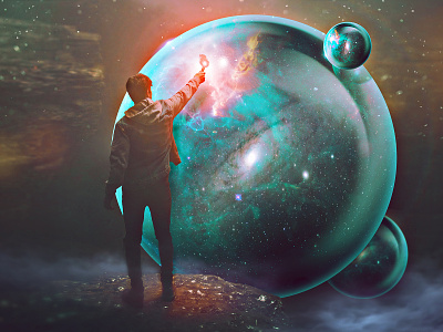 Azimuth bubbles cave conceptual discover discovery dream fire galaxy photomanipulation reality space sphere surreal void