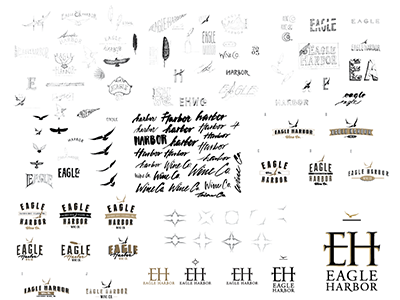 Eagle Harbor logo evolution madness branding logo sketches type