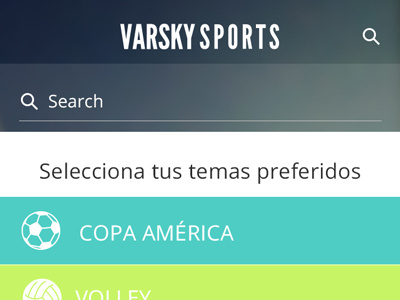 VarskySports Home app colors hashtags header lists nav bar search sports ui ux