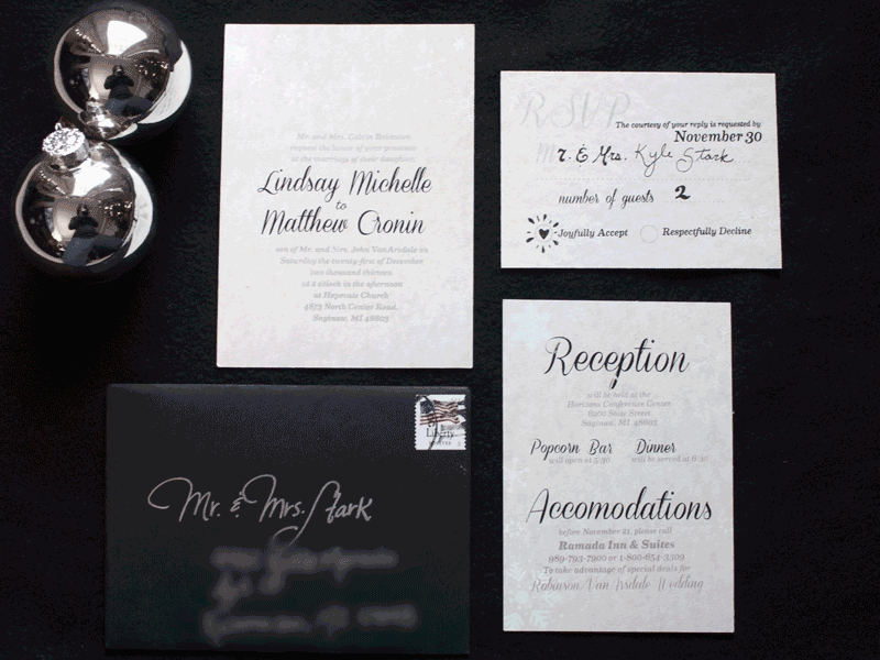 VanArsdale's Tie the Knot black french paper invitations parchtone silver snow flakes wedding white winter