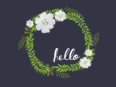 Hello. It's Me. flower green hand lettered hello illustration leaf navy white wreath