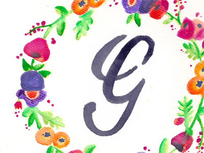 Watercolor G hand lettering identity illustration stationary watercolor