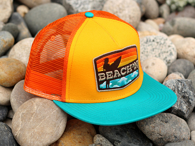 BEACH'N HAT badge beach embroydery hat illustration orange patch surf teal vector