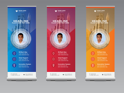 Roll up banner in blue red and orange color Vector Template banner design battractive blue branding company creative creative banner design graphic design illustration modern new roll up banner orange popular premium print ready red roll up rollup banner simple