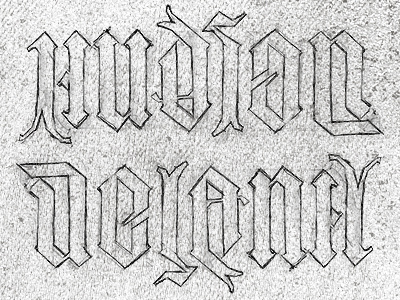 Rejected Hudson/Delaney Symbiotogram ambigram black letter custom drawing lettering pencil type