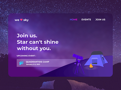 We Love Sky | Astronomy Web Landing Page astronomy community design flat glassmorphism landing page milkyway sky skyline star stargazing telescope ui design web web ui