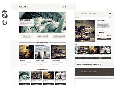 Front page of Bullsy blog ecommerce grunge portfolio post psd template retro rugged shop store template