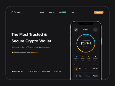 Crypted Landing concept crypted crypto crypto wallet dark mode dark ui landing landing ui minimal design ui uidesign uidesigner uiux userinterface wallet