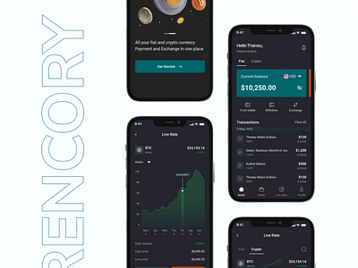 Currencory crypto dark mode design fintech mobile app ui user experience ux