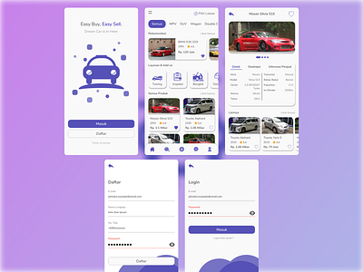 Cartzy - Car Sell App blue car car sell card cards ui first shot landing page learn design login page purple