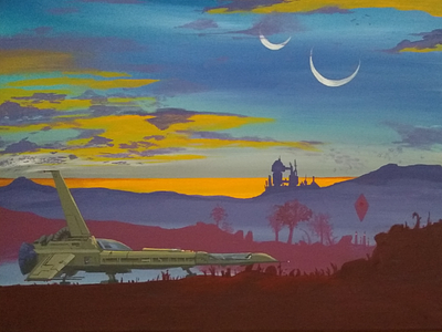 Sunset on Planet Aramon acrylic acrylic painting illustration moons outer space science fiction spaceship sunset sunset painting traditional painting