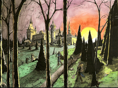 Castle of the Impaler acrylic canvas castle creepy dracula eerie fantasy grass impaler medieval painting skyline sunset traditional traditional painting trees vlad the impaler watercolor woods