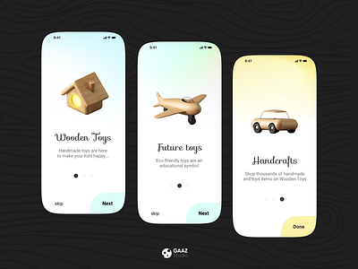 Onboarding screens for the wooden toy program | Gaaz Studio 3d adobexd dailyui dribbble invite figmadesign gaaz gaaz studio mesh gradient minimal onboarding onboarding ui toys trending wooden toys