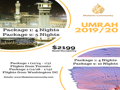 Umrah Flyer for Darul Uloom Al Madania (Resized) design dribble graphic design graphicdesign infographic islam mecca medina minimal nonprofit poster design travel travel agency umrah