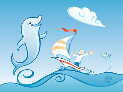 Dolphin and Sailor cartoon dolphin fish sailboat sailor sea vector