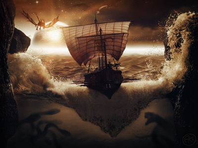 Argonaut boat collage monster myth photoshop sunset wave