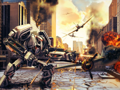 Robot fights battle city collage explosion fight ice photoshop plane robot