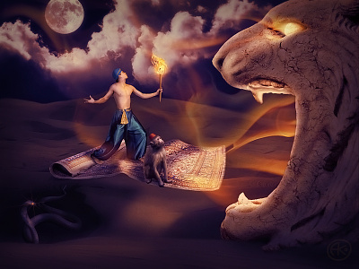 Aladdin and the Cave aladdin carpet cave collage desert lion monkey myth night photoshop snake