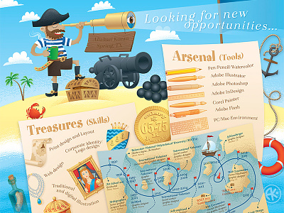 Resume Infographic anchor cannon coin crab illustration map ocean pirate sailboat sea self promotion