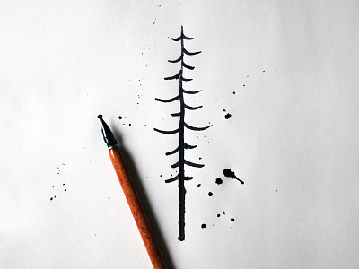 Ink pine calligraphy drawing handmade illustration ink minimal pine tree