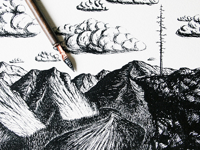 Work in progress adventure cliff drawing illustration ink lake minimal mountains pen pine