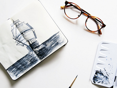 Ship adventure explore illustration minimal moleskine ocean sea ship water watercolor