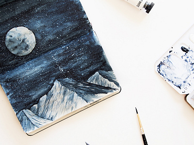 Night sky adventure illustration landscape moleskine moon mountains painting sketch space watercolor