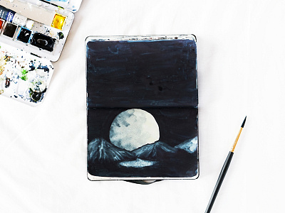 Giant moon adventure illustration landscape moleskine moon mountains painting sketch sky watercolor