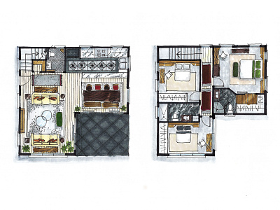 Hand-drawn floor plan 3 design floor plan floorplan illustration ink marker render sketch sketching watercolor