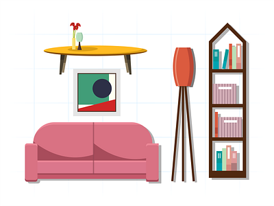 Living Room Illustration art book chair decoration flat furniture home illustration art illustrations interior lamp living modern painting room shelf sofa stylish table vector