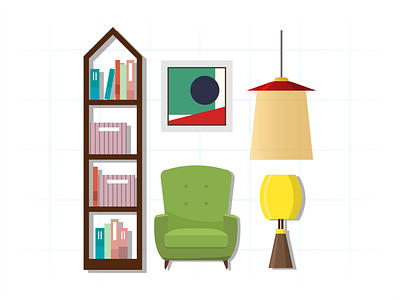 Living Room Illustrations art book chair decoration flat furniture home illustration art illustrations interior lamp living modern painting room shelf sofa stylish table vector