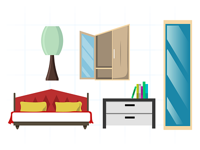 Bedroom Illustration art bed bedding bedroom blanket book design equipment furniture illustrations interior lamp mirror modern pillow room table vector wardrobe