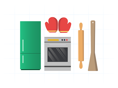 Kitchen Illustrations art design equipment furniture gloves home illustrations interior kitchen kitchenware modern oven refrigerator rolling pin room spatula vector wooden