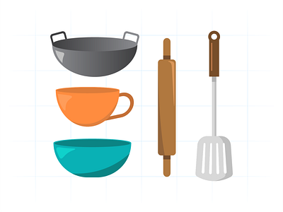 Kitchen Illustration art bowl cup decoration equipment frying pan furniture glass home illustrations interior kitchen kitchenware modern rolling pin room spatula vector wooden