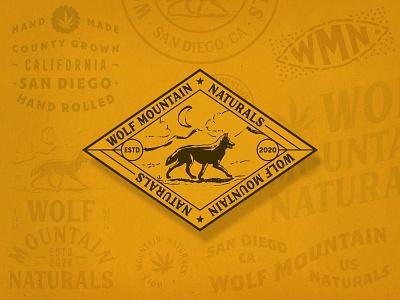 Wolf Mountain Naturals badge branding cannabis design hand drawn hemp illustration marijuana modern retro vintage logo wolf yellow
