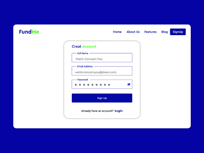 Sign up page for FundMe website design sign up ui web page