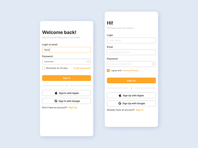 Minimalistic Sign In & Sign Up mobile screens.