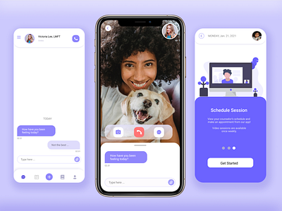 Therapy App - Mobile Telehealth Concept chat clean counselor glassmorphism health minimalist mobile mobile app purple scheduling telehealth therapy video