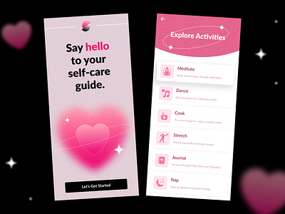 Guided Self-Care App activities black cards clean design health heart help illustration logo mental health mobile mobile app noise pink self care self care simple stars ui