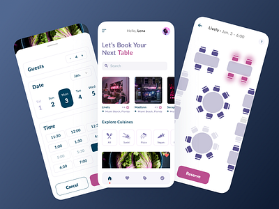 Reservation | Table Booking App booking calendar clean experience favorite food light location map mobile mobile app purple reservation restaurant reviews seats simple table time ui
