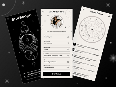 StarScope | Astrology App astrology black clean figma form horoscope learning login minimalist mobile mobile app monochrome sign up simple social space stars ui zodiac