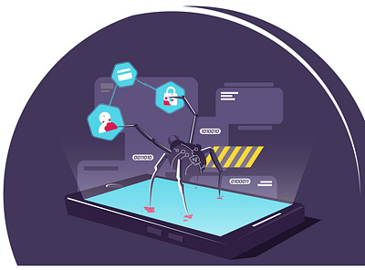 Cyber ​​spider on smartphone hacks data vector illustration. Hac troian