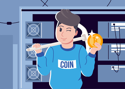 The miner extracts cryptocurrency on a mining farm. Illustration illustration