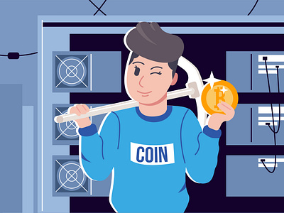 The miner extracts cryptocurrency on a mining farm. Illustration