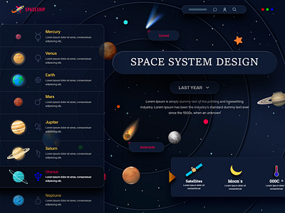 Discover space system, Web Concept. 3d explore galaxy graphic design home page illustration interface landing pade landing page moon planet product spaceship stars ui design vector web webdesign website website design