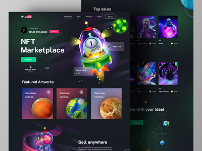 NFT Marketplace bitcoin coins crypto crypto art cryptocurrency ethereum home page landing page nft nft art planets rocketship space system space travel spaceship token web webdesign website website design