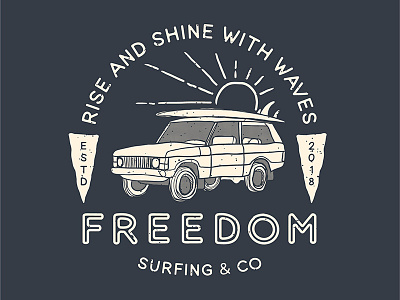 Freedom surf & co. adventure badge brand branding car classic design drawn hand handmade identity illustration label land rover logo retro surfboard suv vector vintage