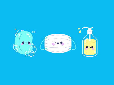 Quarantine buddies character covid 19 facemask flat illustration liquid mask mishax quarantine soap