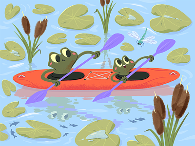 Frogs kayaking cartoon children childrens book dragonfly frog frogs kayak kayaking kids kids art lily mishax paddle reed water