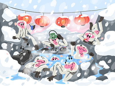 Pool party Japan hot springs japan lanterns monkey monkeys mountain onsen party pool snow